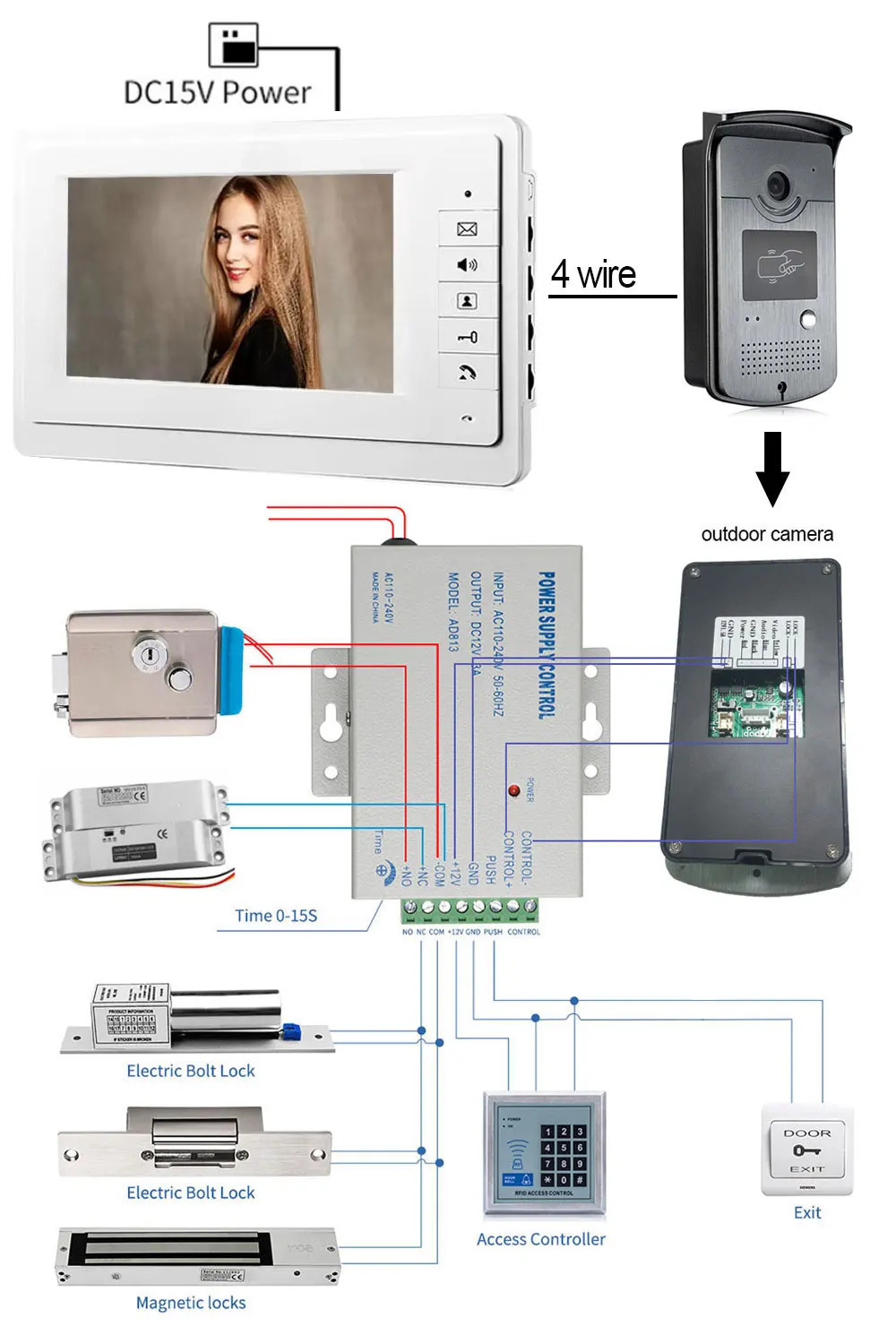 Wired 7 inch Home Video Door Phone Intercom Entry System 1 Monitor With 1 RFID Access HD Camera add Magnetic Lock Access Control