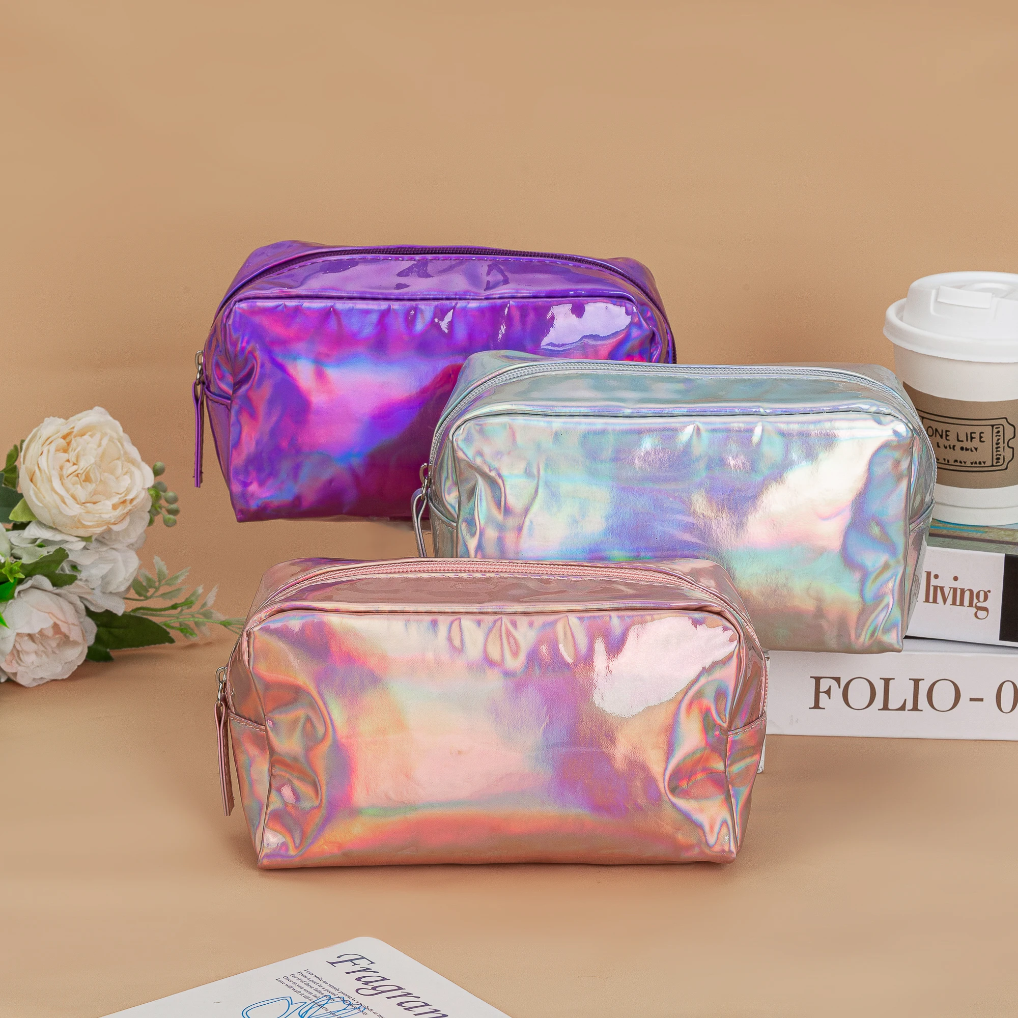 Letter Holographic PU Cosmetic Bag Portable Square Laser Makeup Case Organizer Wash Storage Pouch