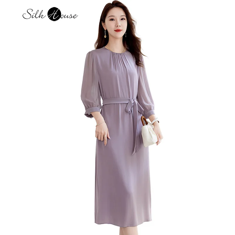 

2026 Women's Fashion Spring New Light Luxury 19MM 91% Natural Mulberry Silk Elastic Satin Round Neck Long Sleeved Dress