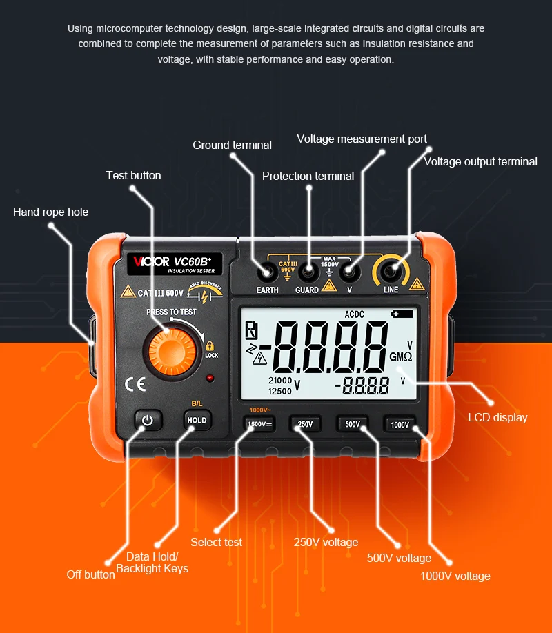 Victor vc60b + display lcd de 5000 dígitos nova versão 250v 500v 1000v testador de resistência de isolamento digital uso interno e externo