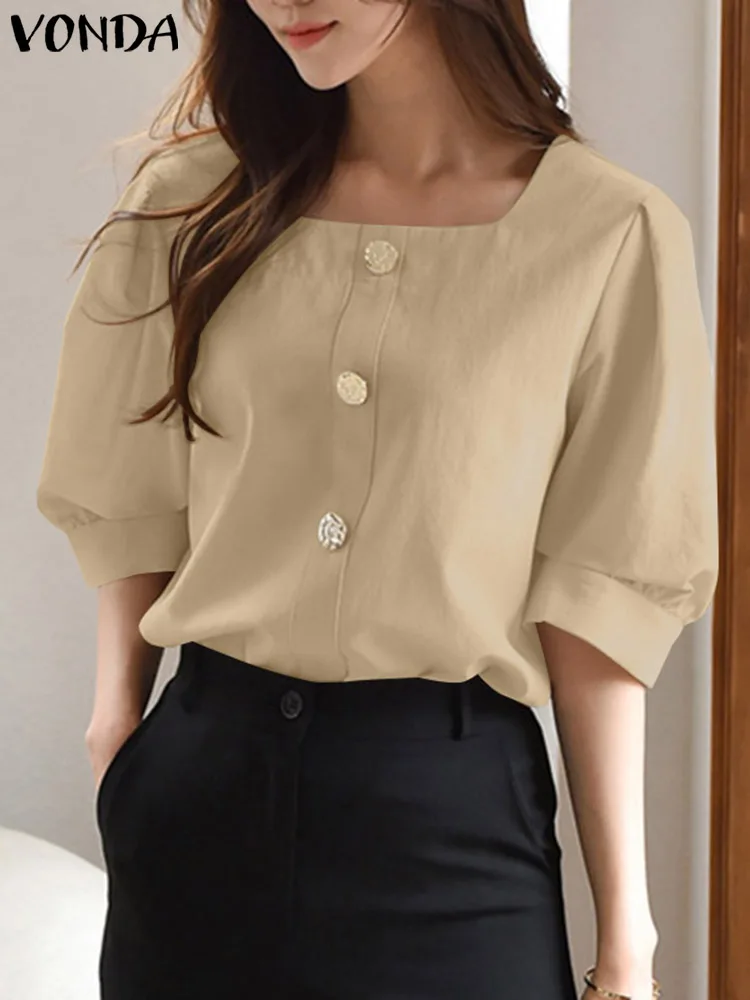 VONDA Women Elegant Blouse 2024 Summer Tops Fashion Short Shirts Sleeve Casual Loose Solid Square Collar Office Blusas Femininas