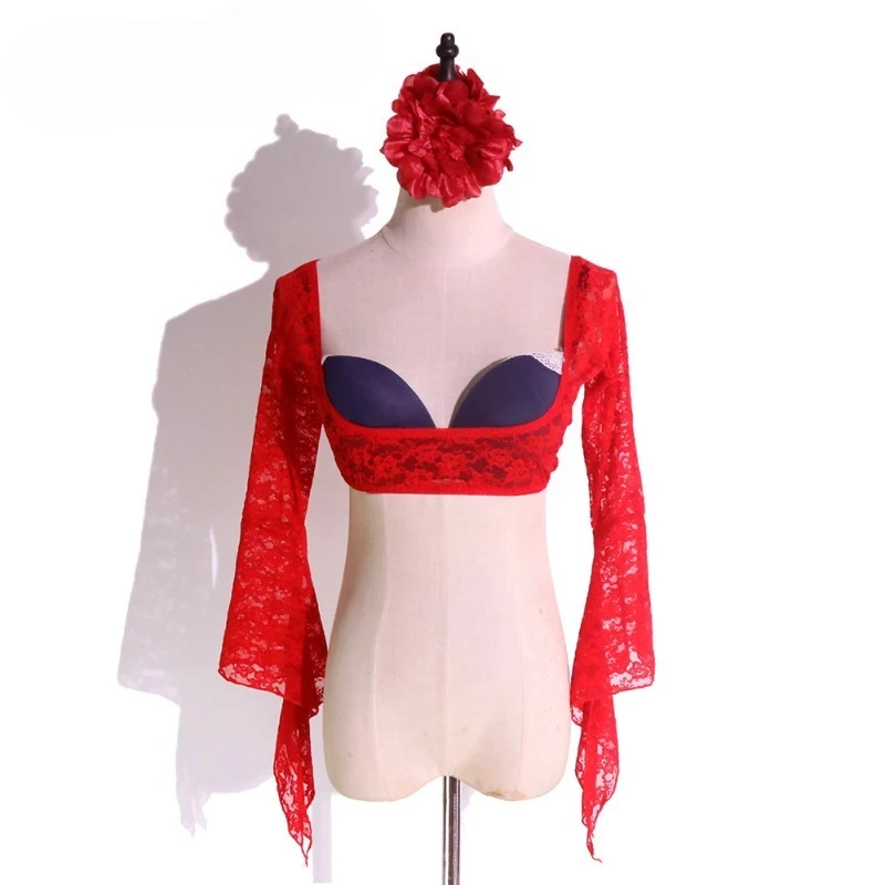 customized Belly Oriental Dance Costume Practice Dress New Lace Chest Top with Trumpet Sleeves