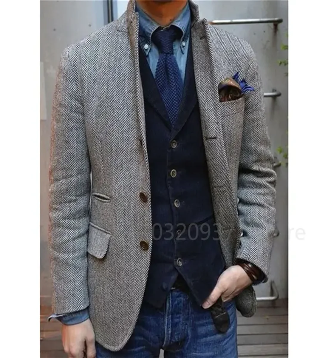1 Pieces Men\'s Suit Jacket Herringbone Tweed Wool Jacket Winter Warm Short Jacket Retro Slim Fit Men Blazer Coat (Only Coat)