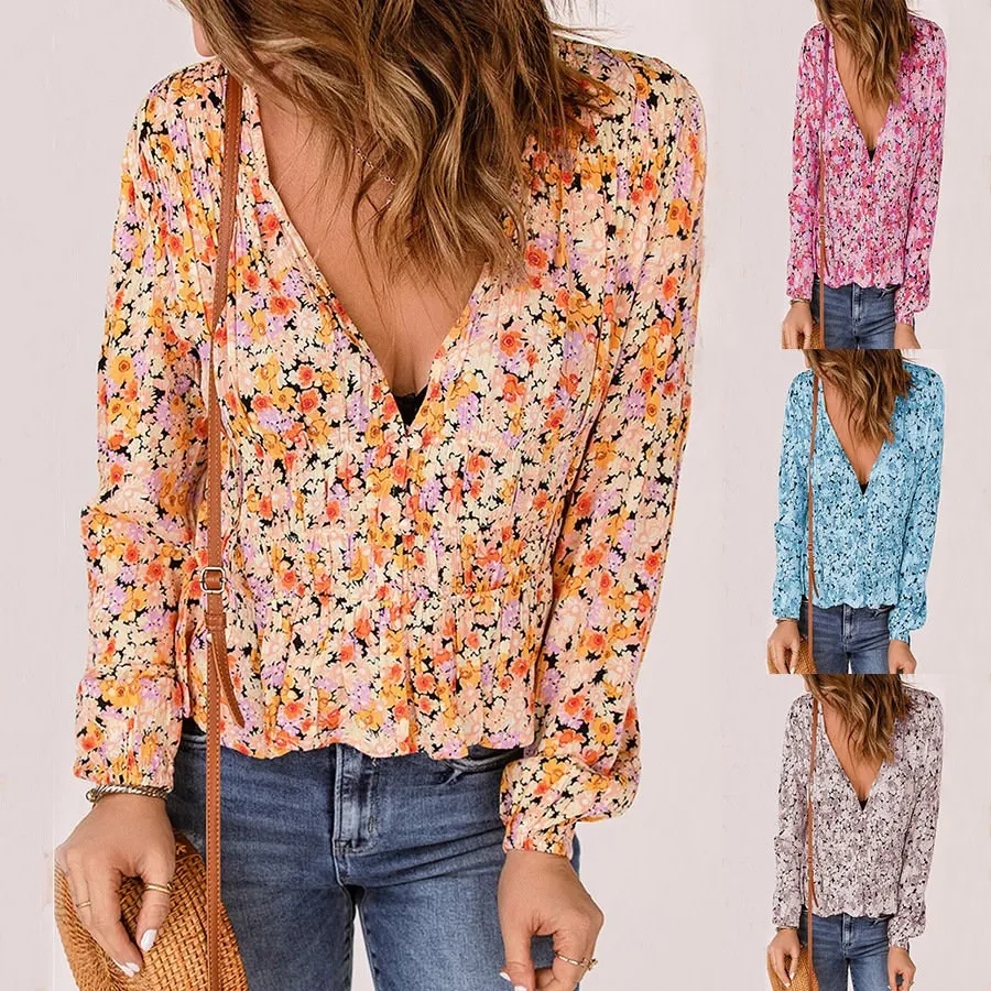 

Осенне-зимняя уличная женская футболка Long Sve с цветочным принтом, со сборкой на талии, v-образным вырезом, свободный крой, повседневный топ из полиэстера