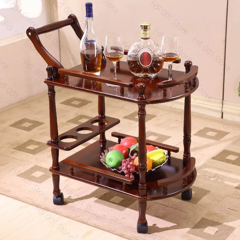 European Style Double Layer Wood Serving Cart Mobile Wine Trolley Restaurant Salon Rolling Side Table