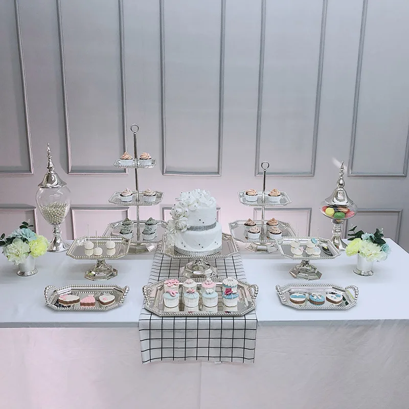 Dessert Table Metal Decorative Display Rack Glass Candy Jar Silver Pearl High Foot Cake Pan Plate Storage Tray Vase