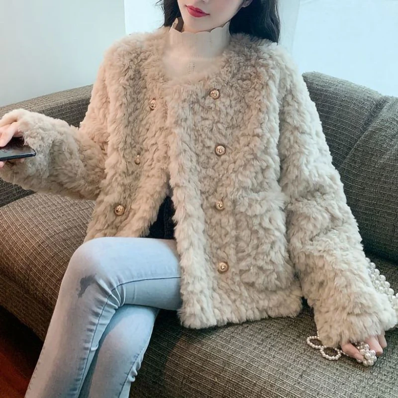 Korea Fashion Faux Fur Jacket Women Winter High Lamb wool  Coat Woman Soft Thick Furry Short Jackets