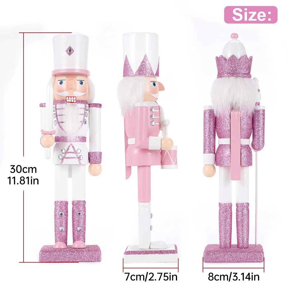 30CM Wooden Nutcracker Solider Figurine Puppet Pink Glitter Soldier Doll Toy Handcraft Ornament Christmas Home Office Decoration