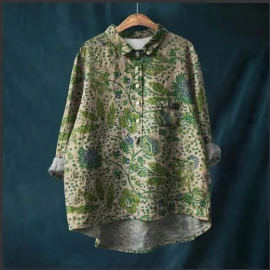 2024 European and American style autumn new long sleeved Chinese style printed fashionable versatile collared shirt