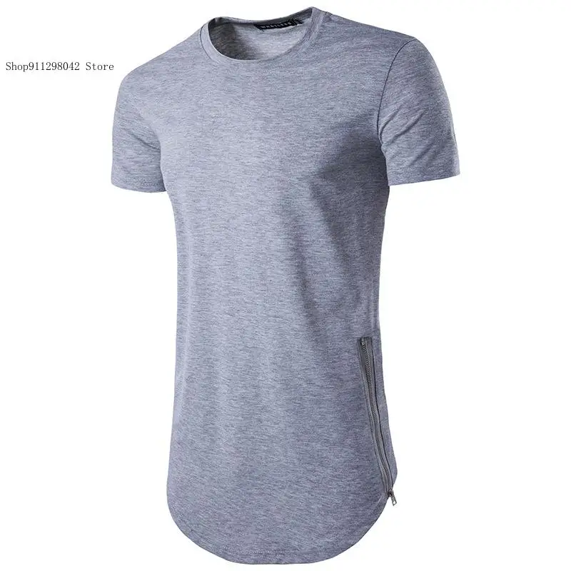 Summer Double Zipper Long Round Neck with Curved Hem Short Sleeved T-Shirt for Men