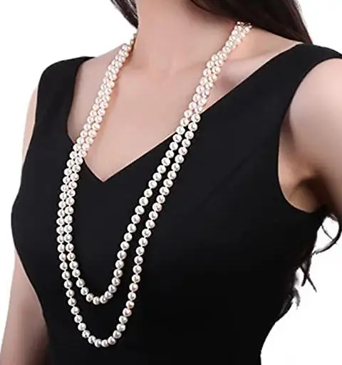 

Terisa PearlJewelry Double Strand Necklace Classic 8-9mm White Freshwater Pearl Long Strand Necklace Opera Length 32'' for Women