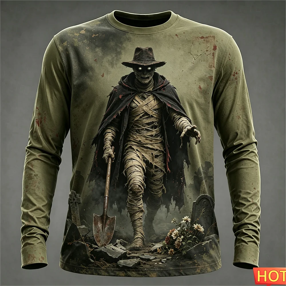 Halloween Terrify Mummy Street T-shirts Autumn winter Men's Long sleeved T-shirt Cotton Graphic Halloween Gift T-shirt for men