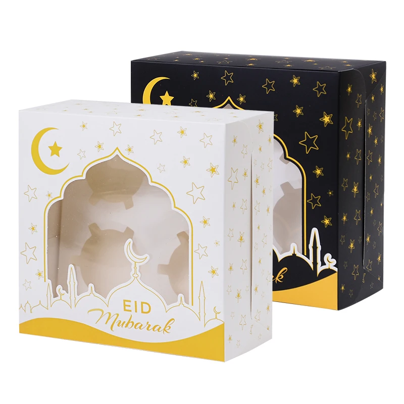 4/1Pcs Eid Mubarak Cake Box Ramadan 4 Holes Muffin Cupcake Packing Boxes 2025 Islamic Muslim Party Decor Supplies Candy Gift Bag