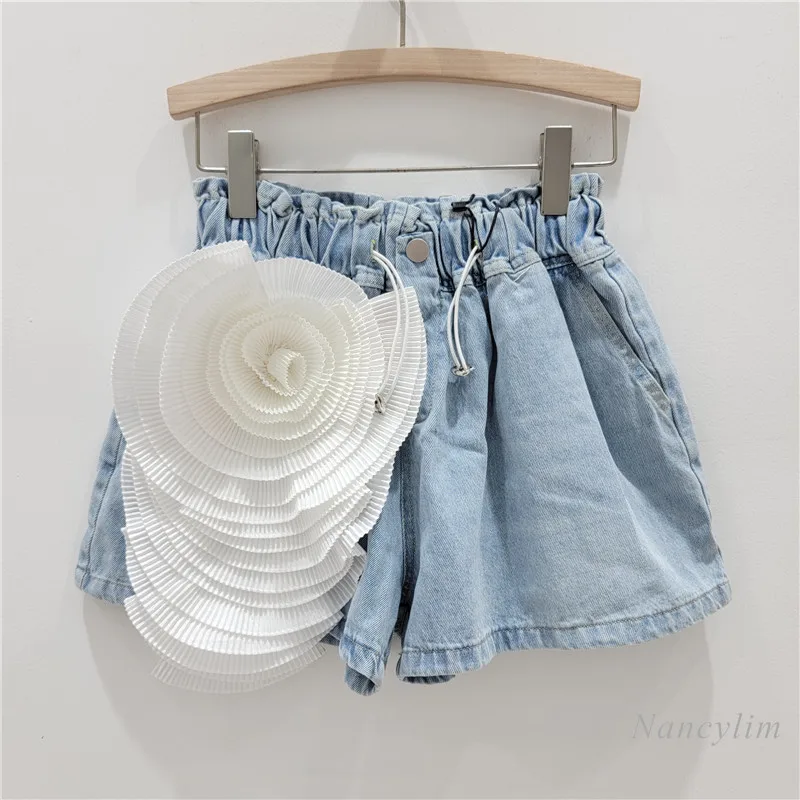 2024 Spring and Summer European and American Style New Three-Dimensional Flower High Waist Wide-Leg Denim Shorts for Women