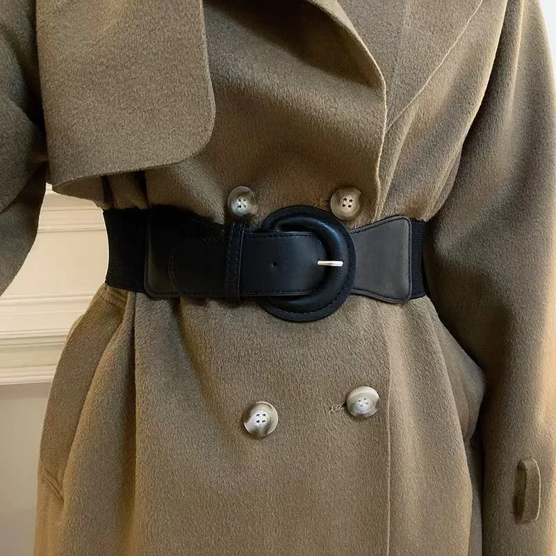 Women's decorative belt with a wool overcoat, practical Korean-style black elastic waist cincher, vintage sweater, and leather