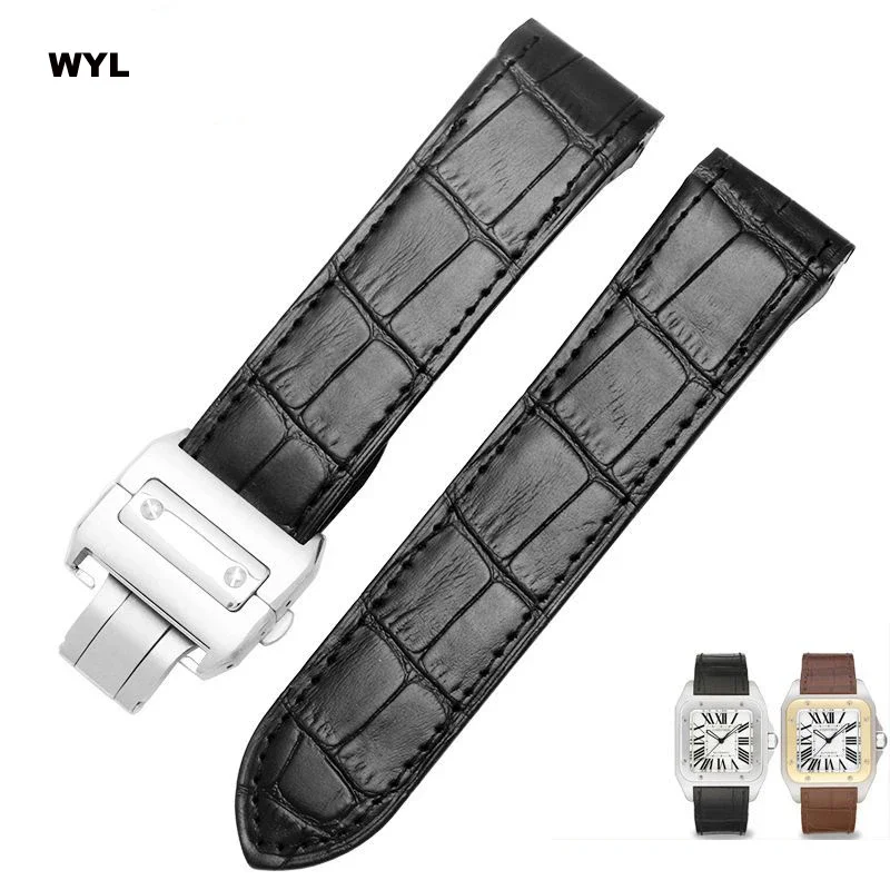 High-end Genuine Leather watch strap 20mm 23mm for cartier Santos strap Santos 100 men's and women's folding clasp watchband