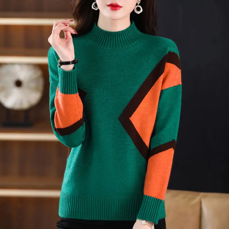 Autumn Winter Screw Thread Half High Collar Contrast Color Women's Clothing Long Sleeve Pullover Sweater Knitted Korean Tops