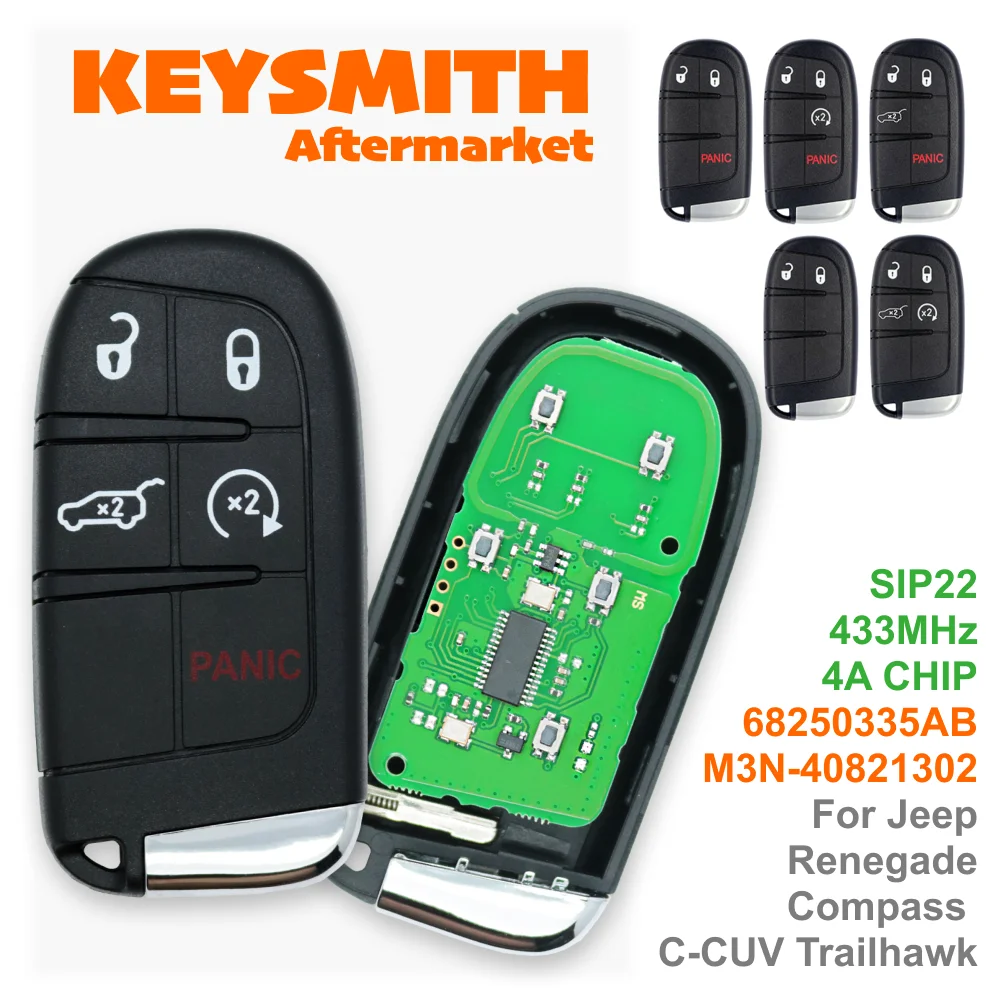 

KEYSMITH Smart Remote Car Key 433mhz Chip 4A Keyless for Jeep Renegade Compass C-CUV Trailhawk SIP22 M3N-40821302 68250335AB