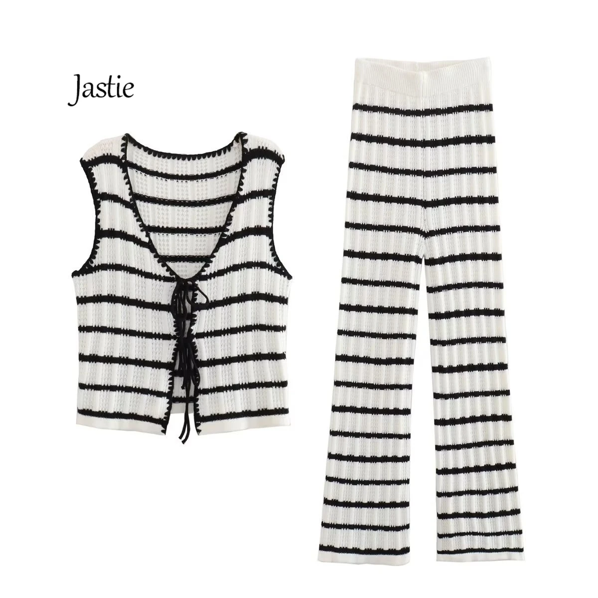 Jastie 2024 New Summer Women Suit Retro Crochet Striped Top + Casual Straight Trousers 2-piece Sets Street Fashion Femme Outfit