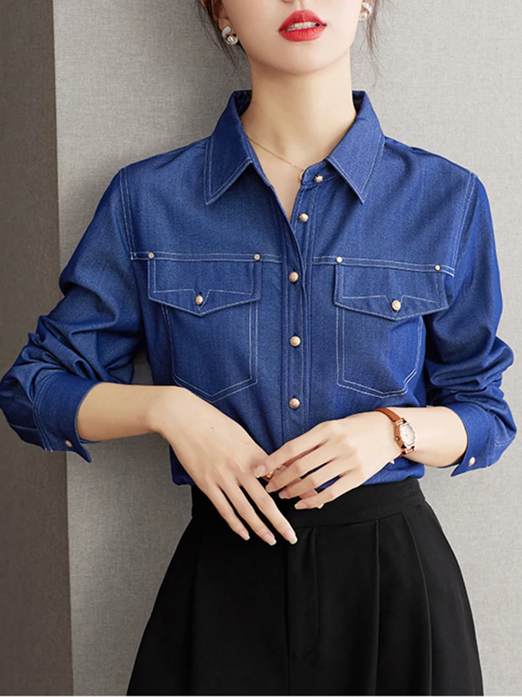 Denim Shirts Harajuku Retro Loose Blouse For Women 2024 Autumn New Korean Style Long Sleeve Top Elegant Blue Color Blouses