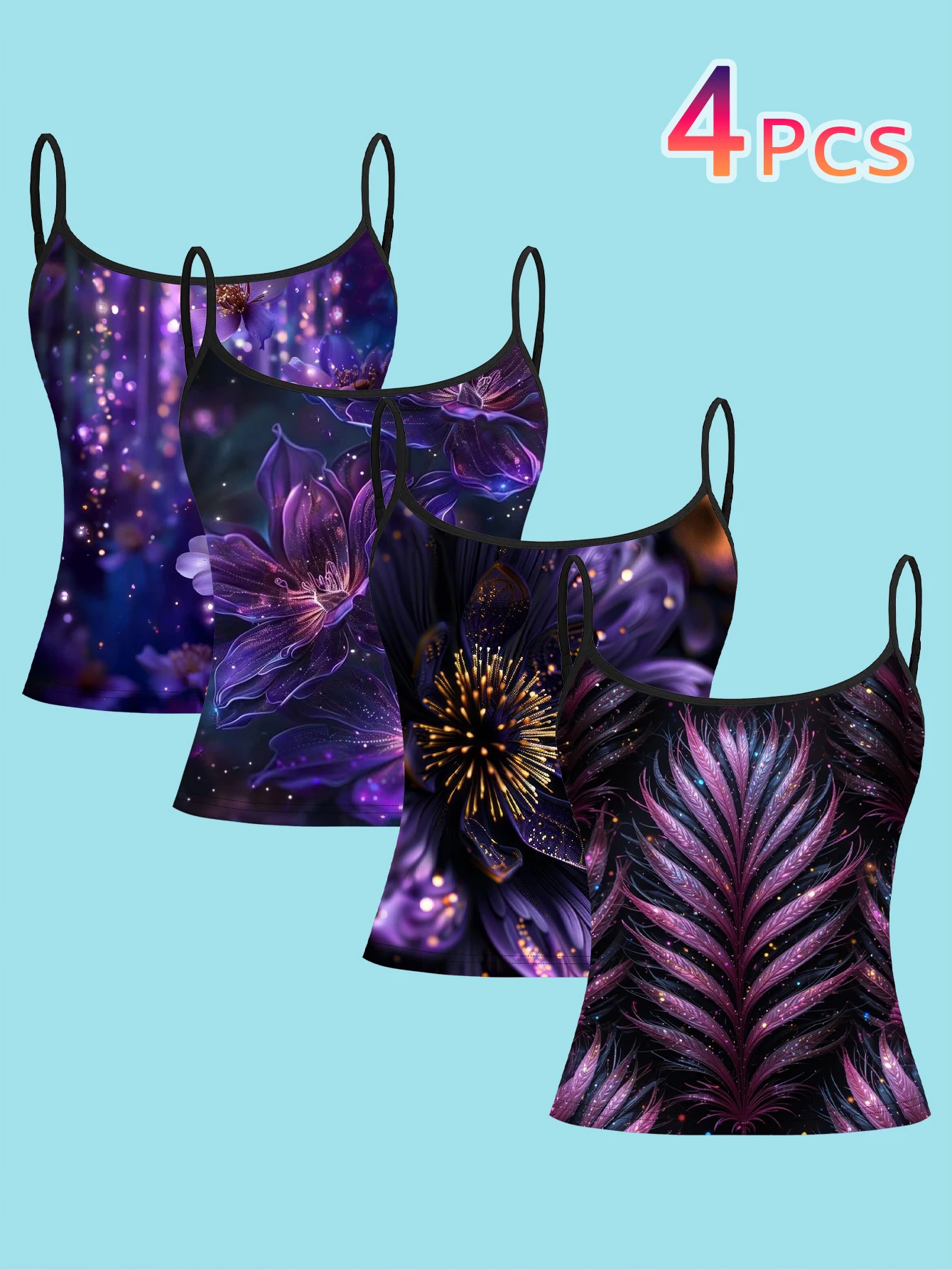 Women's 4-Piece Printed Camisole Set: Spotted Forest Purple Flowers, Large Flowing Purple Lotus Flowers, Gold Core Radiating Purple Flowers, Gradient Purple Feather Pattern, Slim-Fit Sleeveless Outerwear Base Layer Top