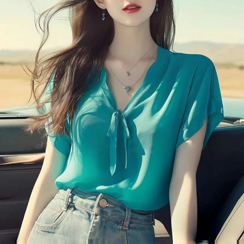 Women's short-sleeve chiffon blouse new summer stylish top French fashion casual shirt