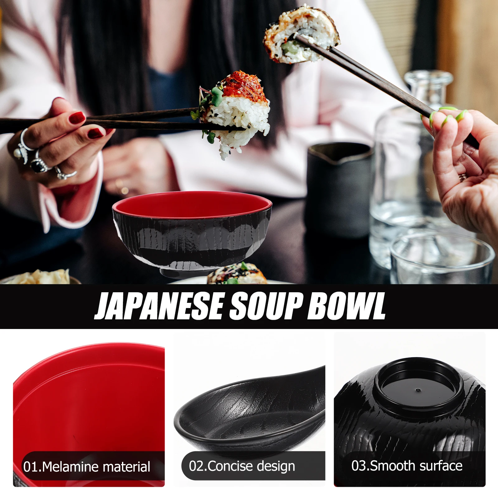 

1 set Miso Soup Bowls Japanese Style Covered Containers with Lid for Miso Soup Restaurant Grade Melamine Material Black Color