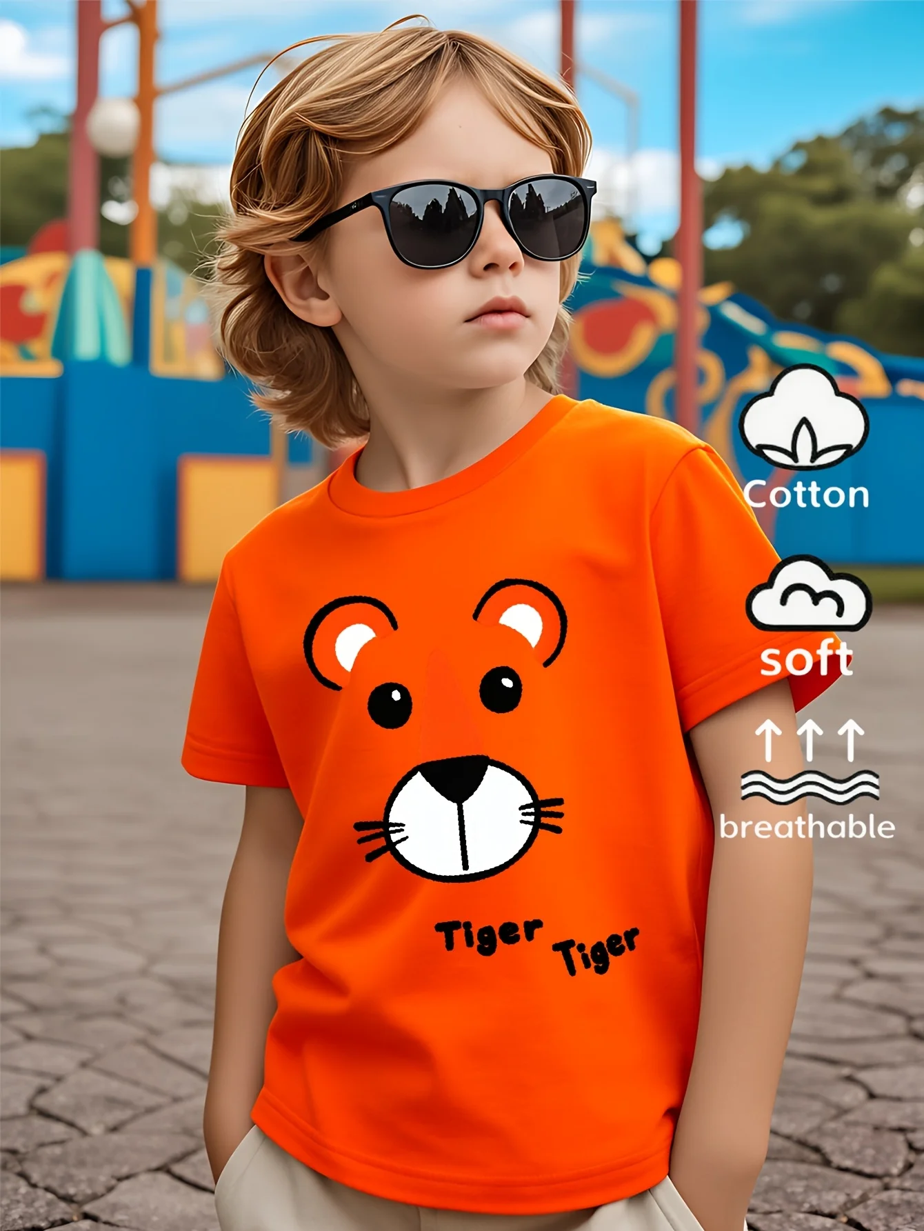 Children's Cute Tiger Head Pattern Printed Design Summer Street Round Neck Short T-shirt Casual Soft and Comfortable
