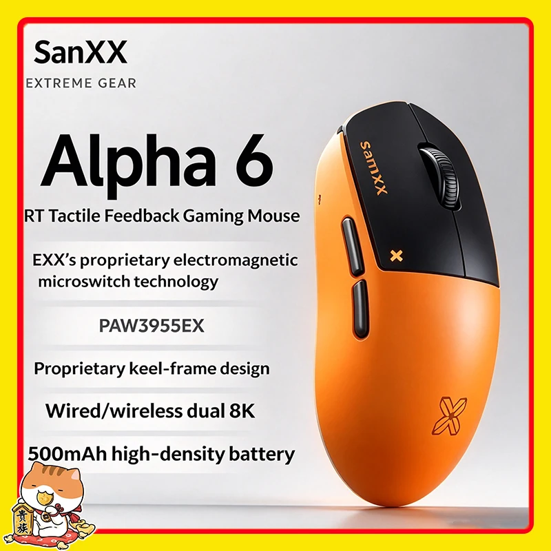 EXX Alpha 6 Mouse RT Trigger Electromagnetic Micro Switch Lightweight Wireless Gaming Tri Mode Dual 8K PAW3955EX Esports Gift