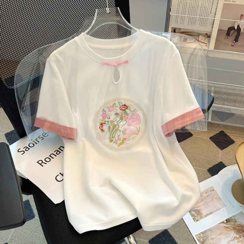 

Новая летняя женская футболка 2025 года в китайском стиле, легкая, с вышивкой и пуговицами, свободного кроя, топ-блузка