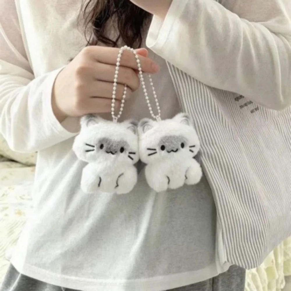 Kawaii Fluffy Siamese Cat Plush Keychain Mini Soft Fuzzy Kitty Stuffed Doll Bag Pendant Cute Cartoon Animal Key Ring Gift