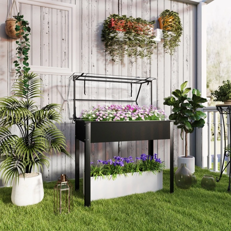 Bac de culture surélevé avec couverture de serre, grand bac de plantation avec trous de drainage, structure en acier thermolaqué, serre de jardin avec porte enroulable, noir, jardinière extérieure pour légumes, fleurs et herbes