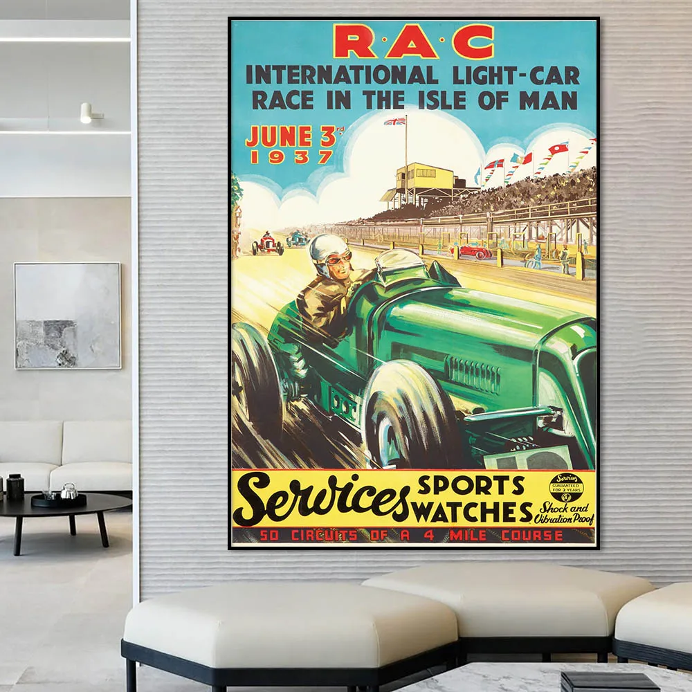 1937 Car Race Isle of Man Vintage Ad Poster, International Light Vehicle Racing Canvas Painting Print, Room Wall Art Decor