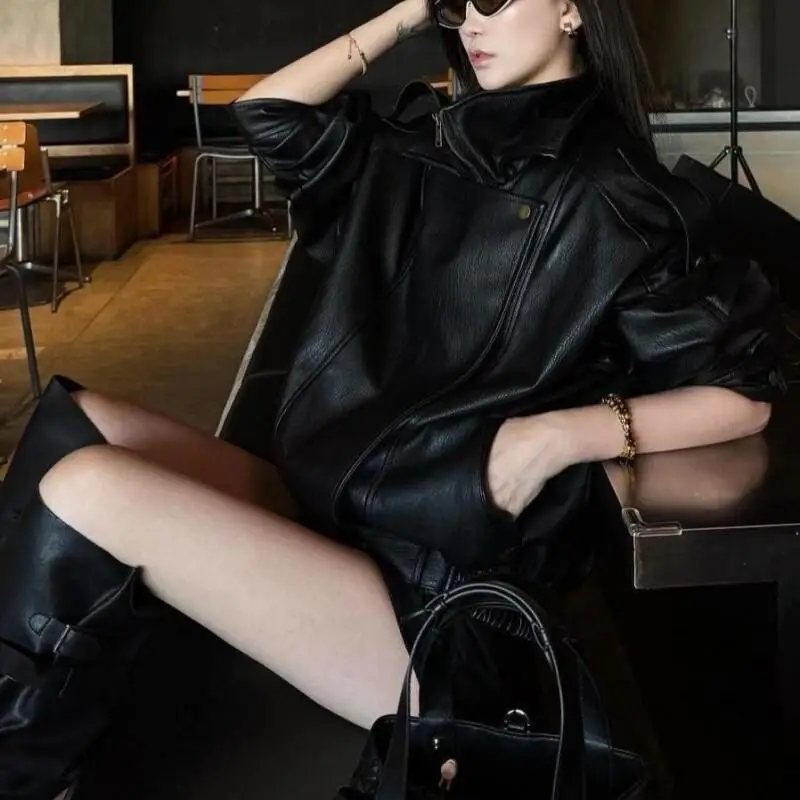 Veste en cuir de style américain pour femme, manteau d'automne, nouveau modèle, ample, polyvalent, design sens, locomotive