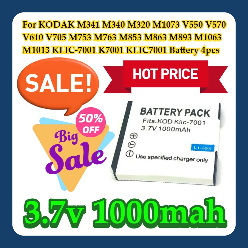 

For KODAK M341 M340 M320 M1073 V550 V570 V610 V705 M753 M763 M853 M863 M893 M1063 M1013 KLIC-7001 K7001 KLIC7001 Battery 4pcs