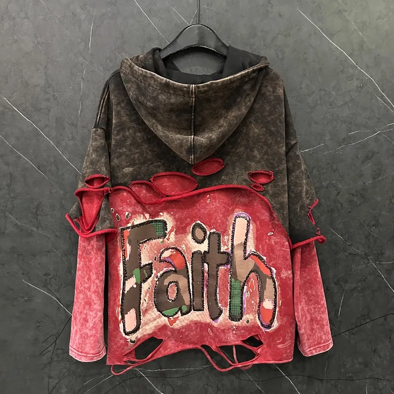 Unique Design Distressed Fake 2-Piece Cartoon Little Girl Hooded Color Block Sweatshirt Loose Casual Top Autumn New Hoodie Women