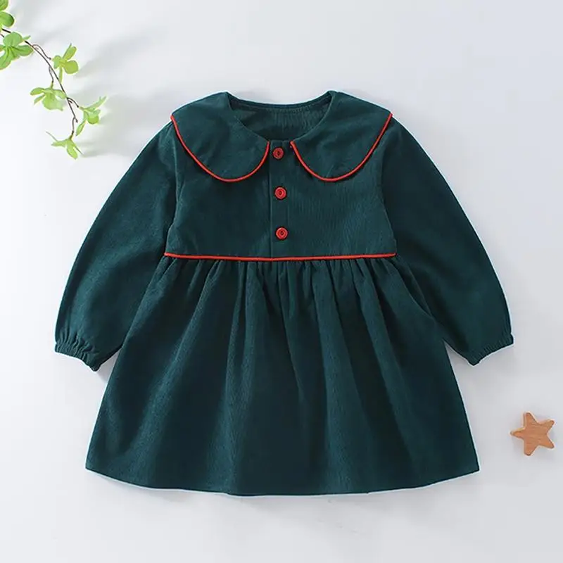 DAYIFUN Girls Corduroy Dress Lovely Solid Loose Long Sleeved Frock Doll Collar Buttons Elegent Daily Leisure Dark Green Dresses