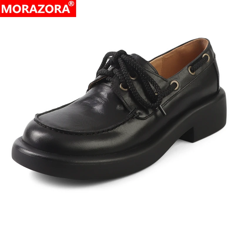 

MORAZORA New Genuine Leather Shoes Women Oxfords Lace Up Platform Shoes Ladies Footwear Black Brown Ladies Office Dress Shoes