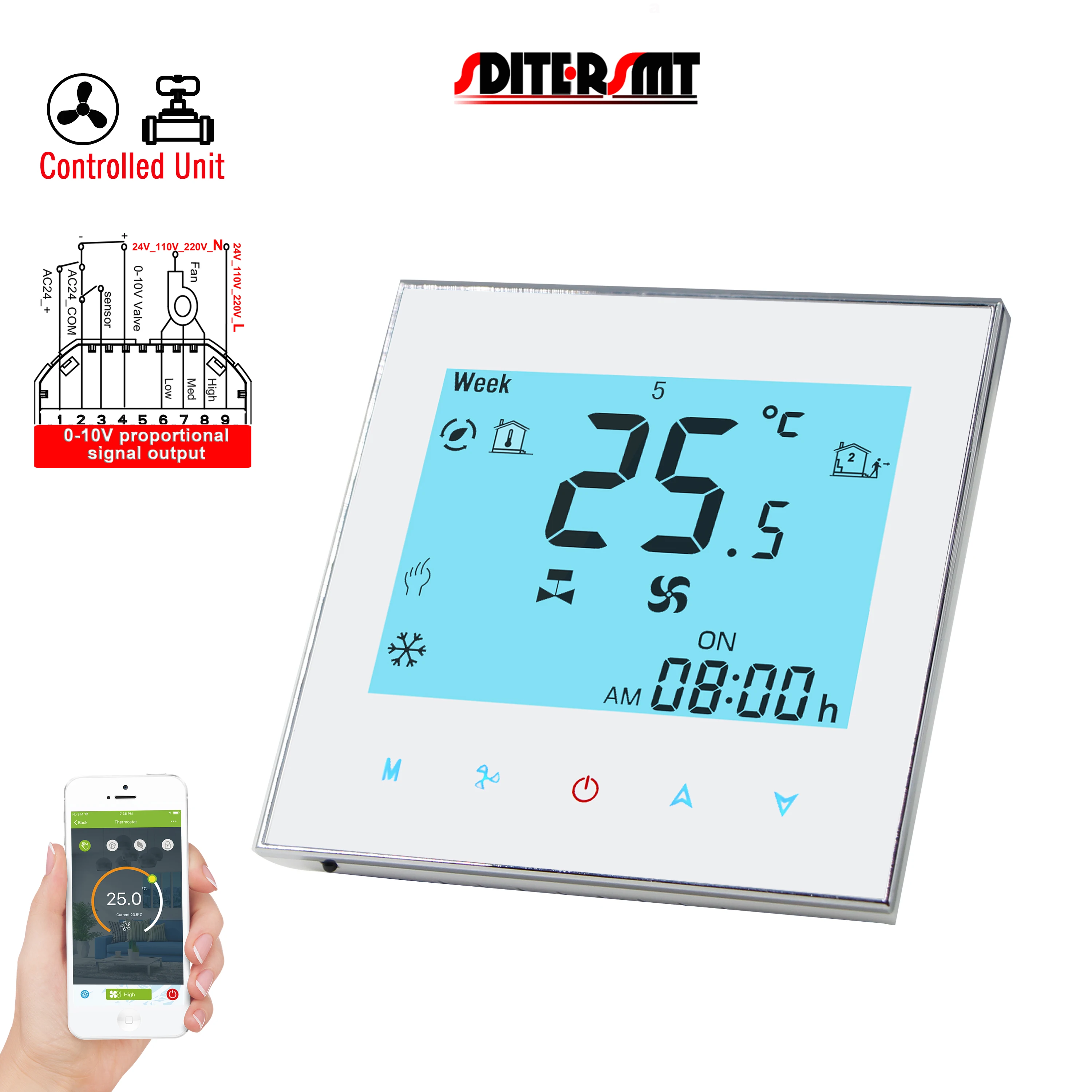 EU 24V Sensor Duplo RS485/WIFI THERMOSTAT Bobina de Ventilador de 2 Tubos com Saída de Contato Seco de 3 Velocidades e Controle de Válvula