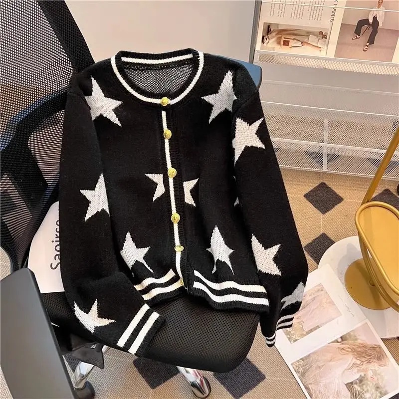 

Nice Korean Knitting Patchwork Sweater Autumn Winter New Printing Cardigan Women Clothes All-match Buttons Loose Women Clothing