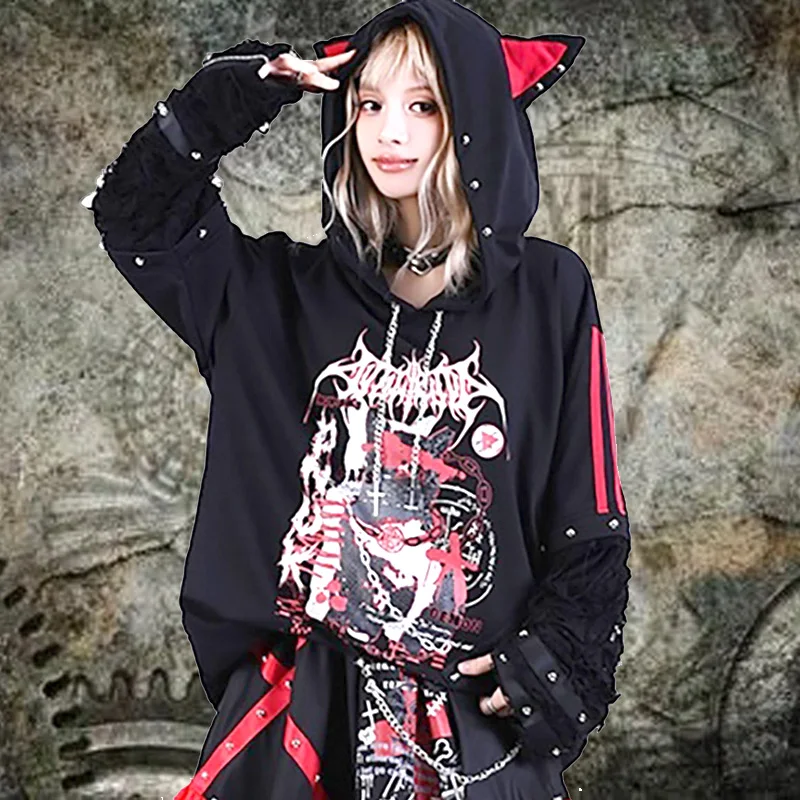 Japanese Punk style long sleeved Rivet chain men's hoodie  Zipper Cat's Ears Rivet Chain Strap Cartoon pattern Womens hoodie