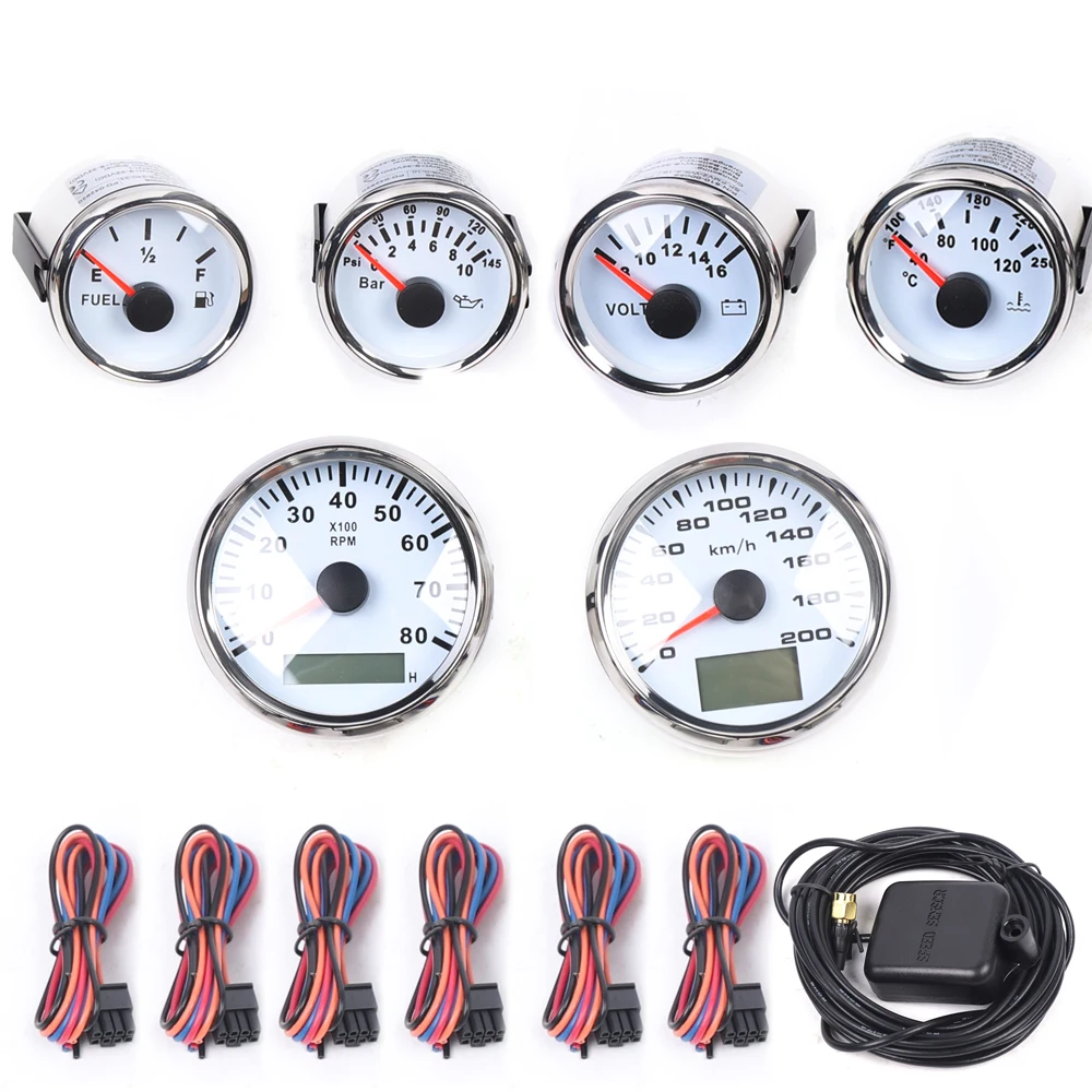 6 Gauge Set GPS Speedometer Waterproof Tachometer Oil Level Gauge Oil Pressure Volt Gauge For Car Marine Boat Yacht Truck