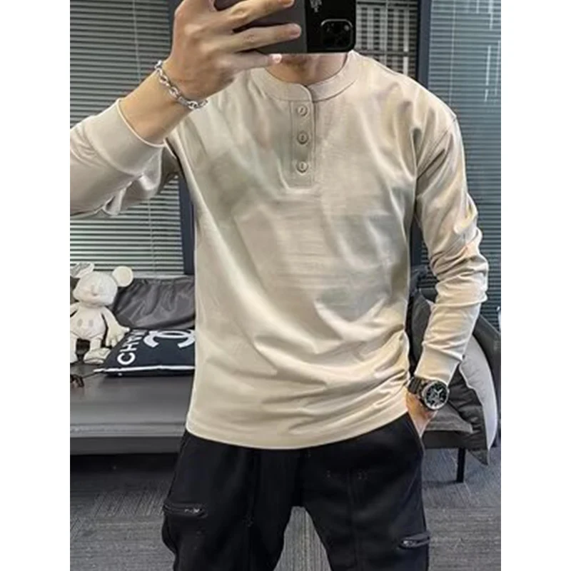 American Style Men's Spring Autumn Long Sleeve Henley T-Shirt Open Collar Button Outerwear Vintage Male Pullover Clothing