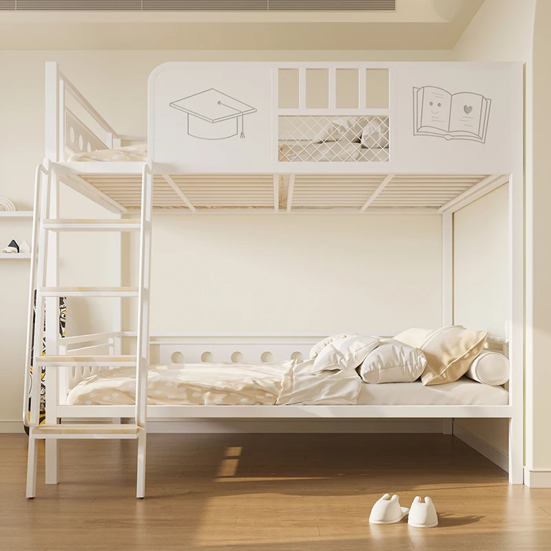 

2025 new bed space saving high and low child and mother iron bed double layer wrought iron elevated bed small apartment modern a