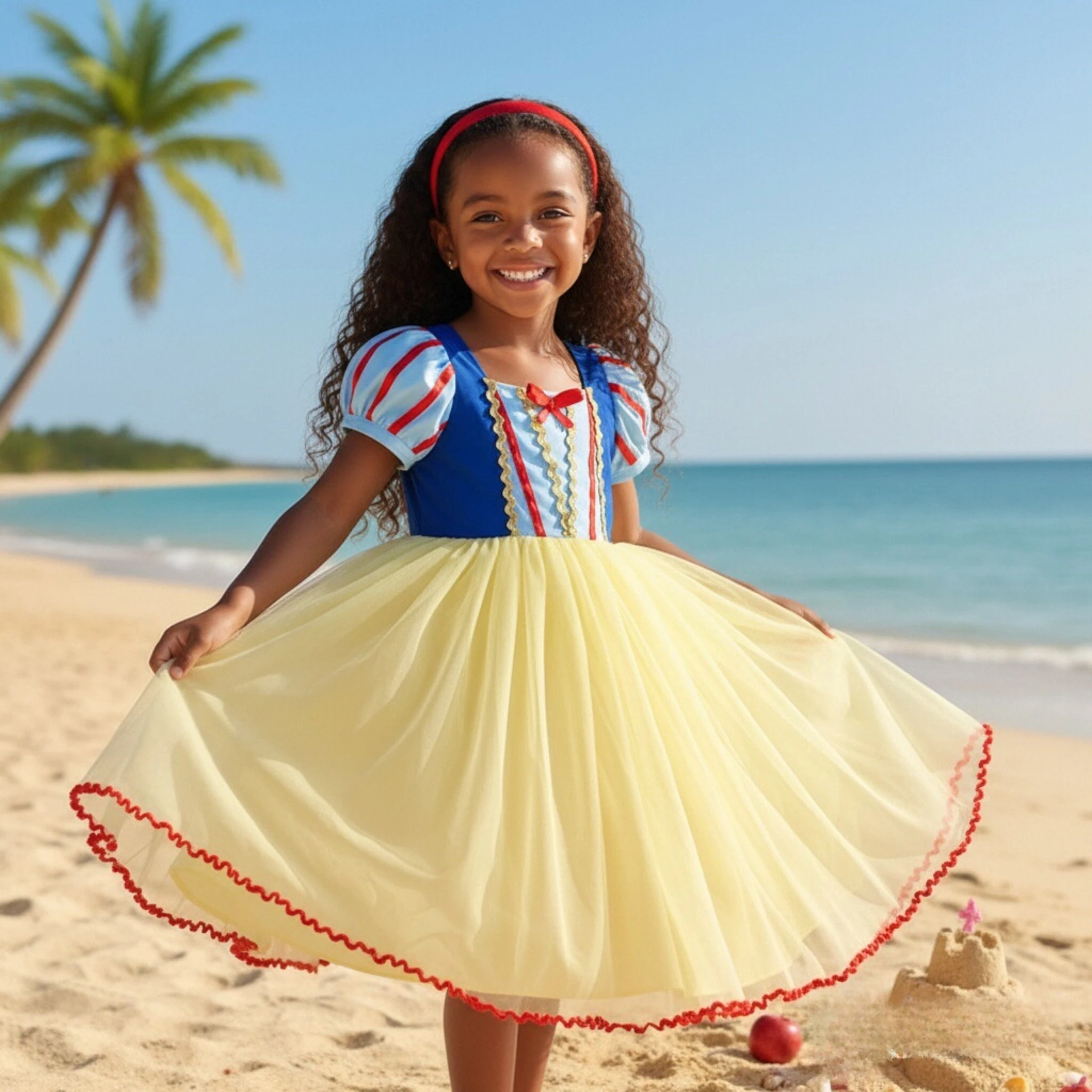 Sommerliches Schneewittchen-Kleid für Mädchen, atmungsaktives Prinzessinnenkleid mit Puffärmeln aus Tüll, Geburtstagsparty-Rollenspielkleidung