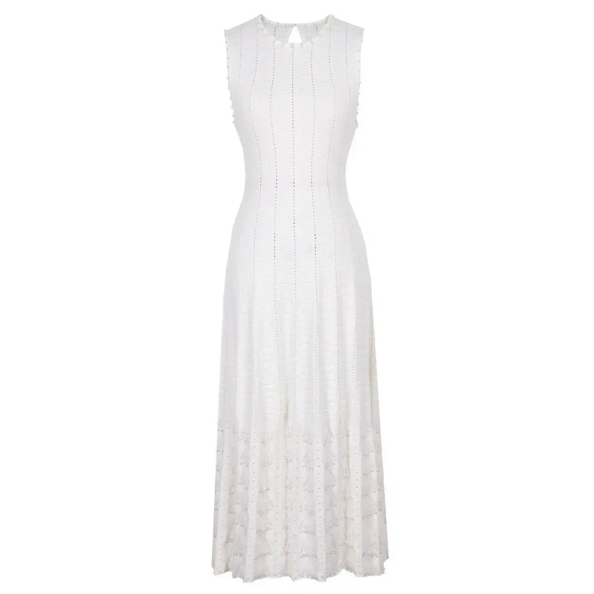 LEOSOXS Sukienki dzianinowe z perłami, białe, modna sukienka letnia bez rękawów z dekoltem typu O, elegancka, długa, z rybim ogonem, wysokiej jakości dla kobiet
