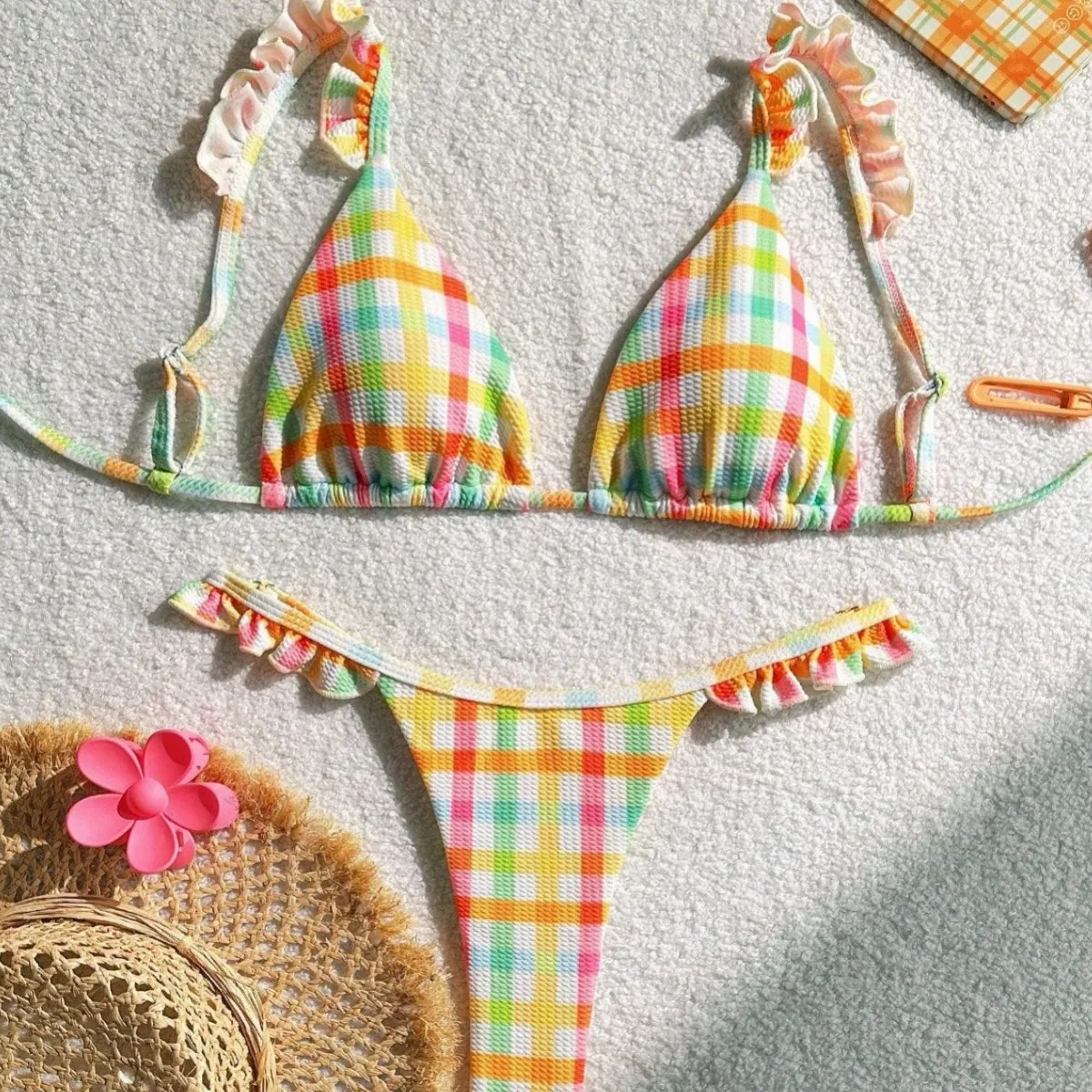 2025 Summer Sexy Bikini Set Women's Floral Lace Grid Tie Side Swimsuit Beach Two Piece Bathing Suit Push Up High Waisted Suit