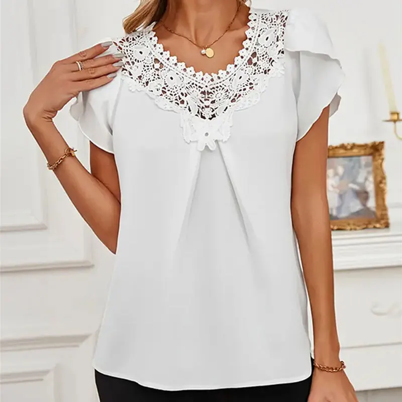 

Women's Solid Color Lace Patchwork Hollow Out Round Neck Short Sleeved Shirt Ladies Spring And Summer Blouses Top Femme Blusas