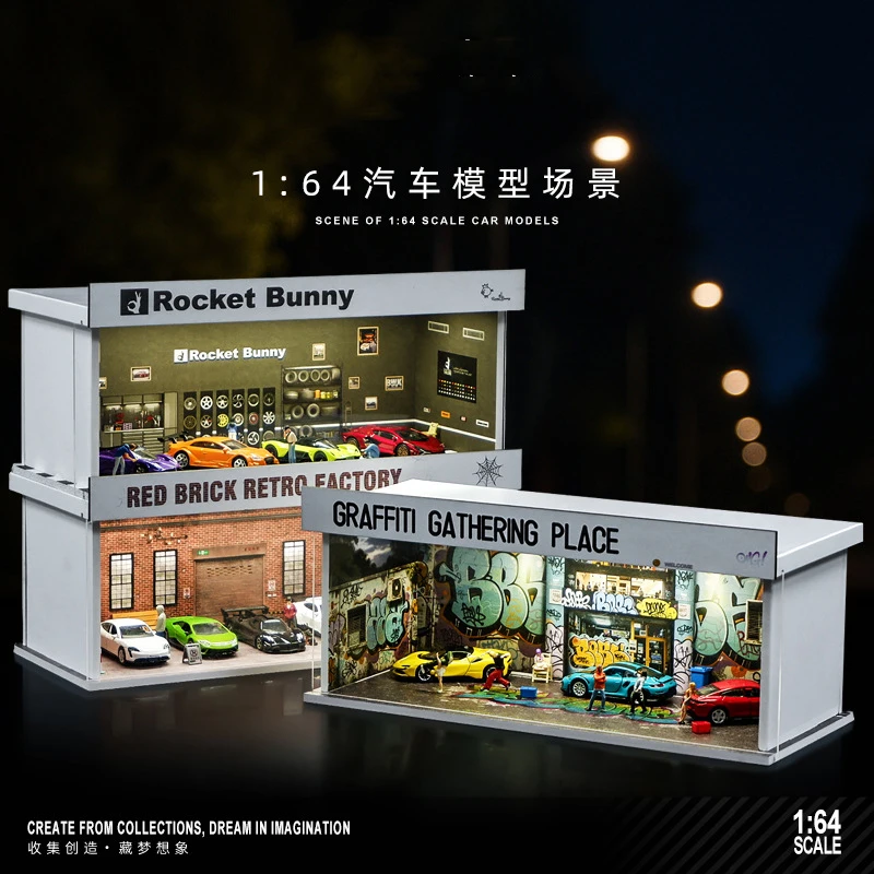 

Diorama 1/64 Garage Modification Miniature Scene With Lights Qrnaments Car Model Display Box MiniFigure Accessories Hobby