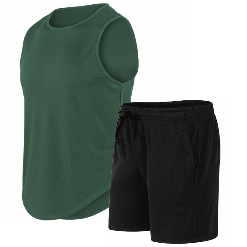 2026 Summer New Men's Fashionable Breathable Speed Drying Sleeveless Round Neck T-shirt Set Outdoor Running Sportswear